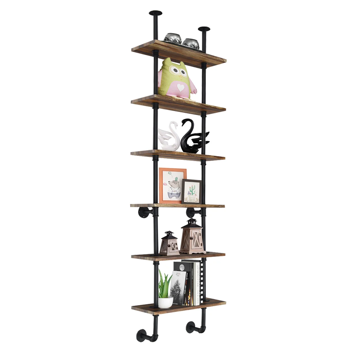 Costway 6-Shelf Rustic Pipe Shelving Unit, Vintage Industrial Pipe Wall Shelf Brown