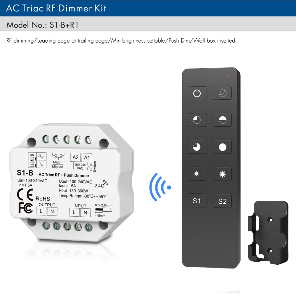 LED Dimmer 220V AC Triac Dimmer 230V 110V Wireless RF Dimmable Push Switch with 2.4G Remote Dimmer for LED Lamp 220V Bulb S1-B