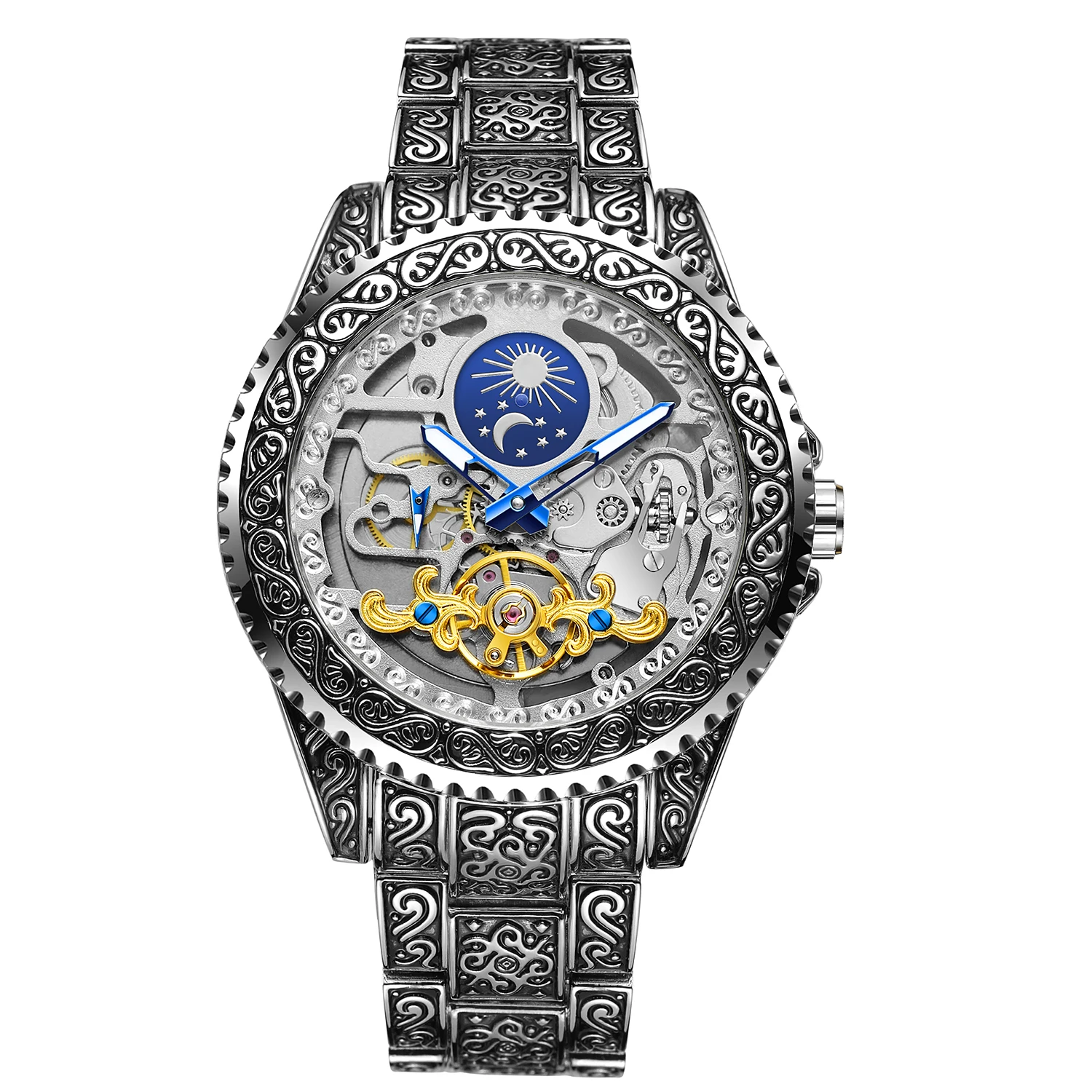 

FORSINING Tourbillon автоматические серебряные мужские часы со скелетом, роскошные винтажные механические наручные часы с ремешком из нержавеющей стали с гравировкой