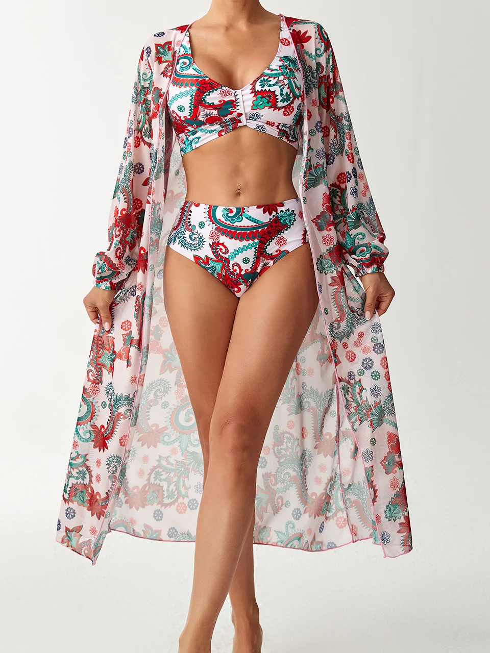3-teiliger Bikini mit hoher Taille und Kimono-Badebekleidung 2026 Damen bedruckter Badeanzug weibliche Badegäste Baden Schwimmen Badeanzug Beachwear
