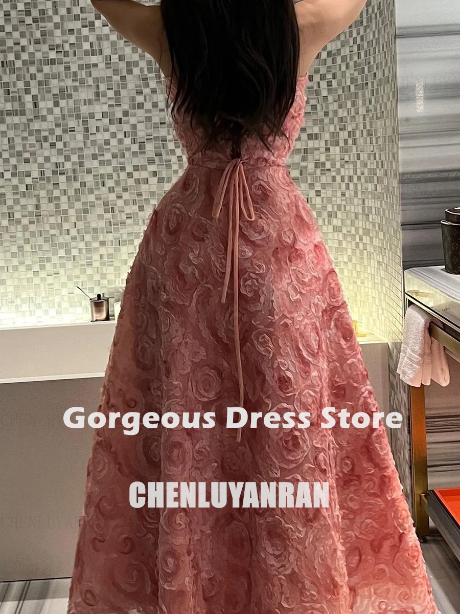 Roze 3D-bloem formele gelegenheidsjurken 2025, strapless tule, sexy feestjurk, vetersluiting, a-lijn, lange avondjurken, wwwة