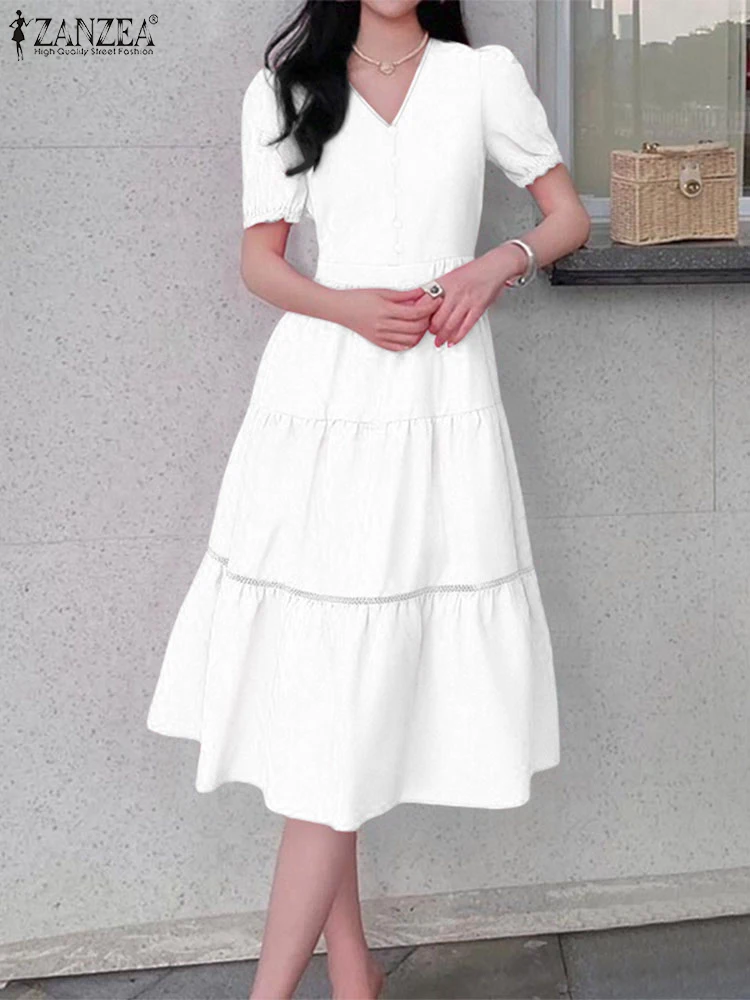 Zanzea mulher elegante em camadas midi vestidos 2025 verão moda com decote em v manga curta puff a linha robes femme rendas retalhos vestidos