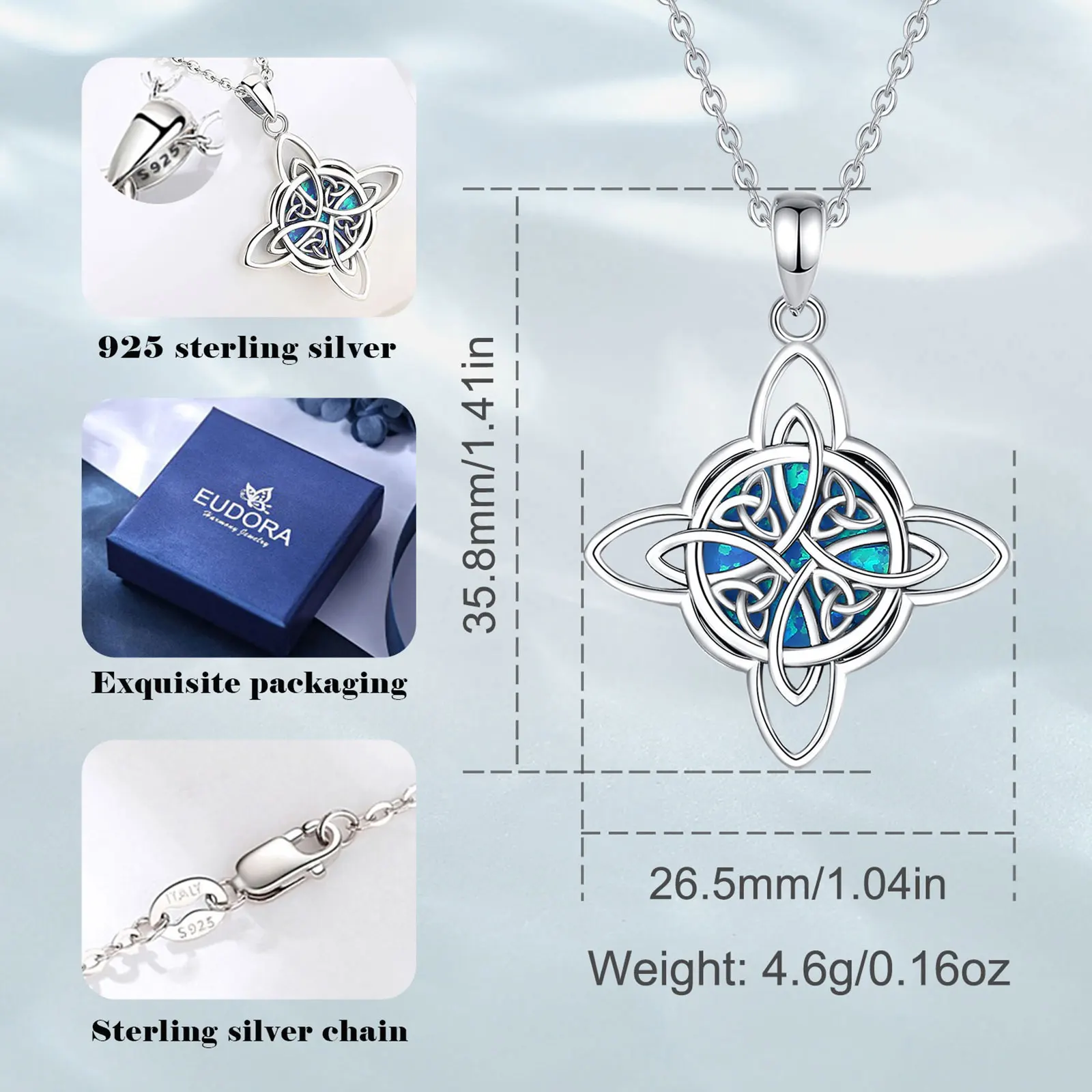 Eudora Original 925 Sterling Silver Witch Celtic Knot Necklace for Men Women Opal Wicca Amulet Necklaces Witchcraft Jewelry Gift