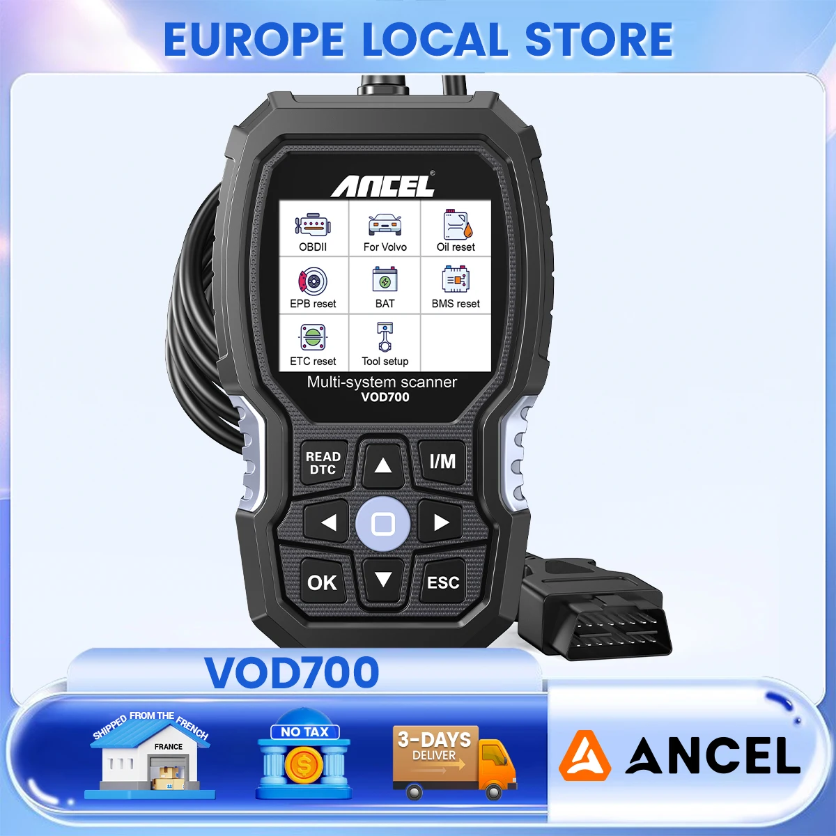 Scanner OBD2 pour tous les systèmes ANCEL VOD700, pour lecteur de Code de voiture Volvo, Service de réinitialisation complet, mise à niveau gratuite à vie, outil de Diagnostic