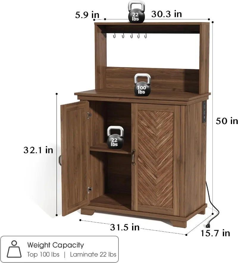 JOINICE Farmhouse Coffee Bar Cabinet with Storage Kitchen Cabinet with Hooks Coffee Station with Adjustable Shelf and Hutch