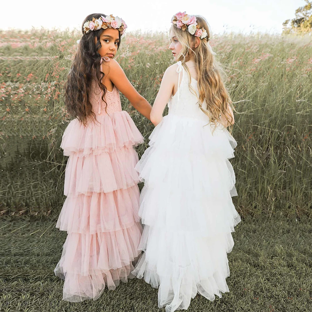 Little Girls Dresses for Kids Summer Princess Birthday Party Gown Lace Wedding Cake Fluffy Dresses Children Ceremony Clothing