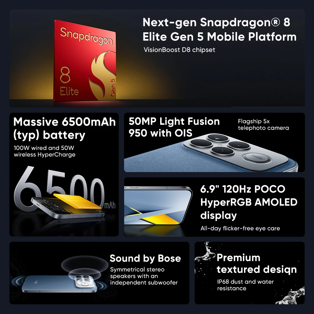 Globalna wersja smartfona POCO F8 Ultra 5G, procesor Snapdragon. ®   8 Elite Gen 5 6500mAh 100W HyperCharge 6,9-calowy ekran AMOLED z ochroną oczu NFC — zdjęcie produktu 2