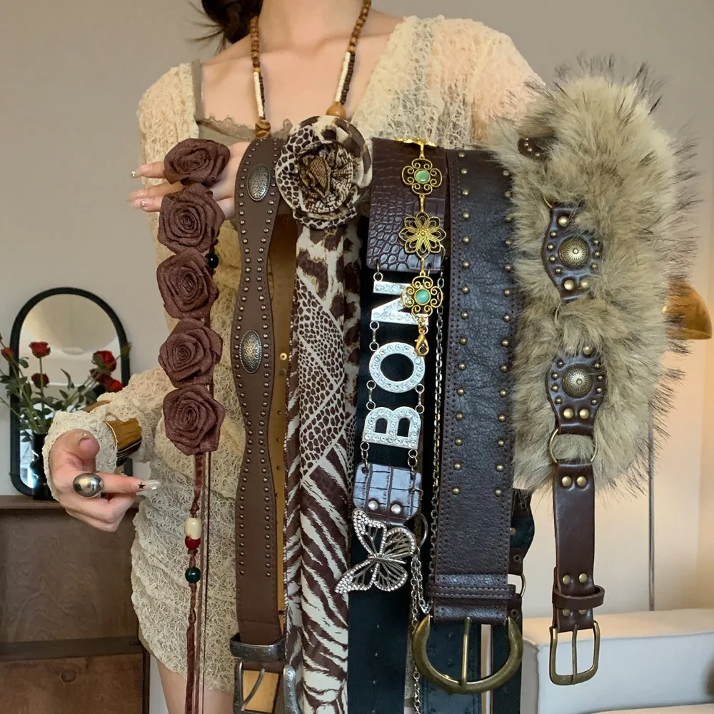 

Fashion Faux Fur Waist Belt PU Leather Patchwork Heart Women Waistband Wide Belt Waist Accessories