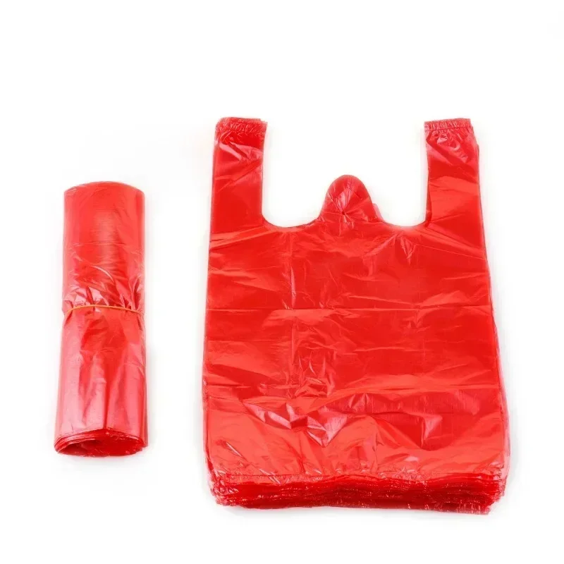 100Pcs Red Plastic Bag Vest Storage Bag Supermarket Grocery Shopping Takeaway Packing Garbage Bag Kitchen Living Room Clean