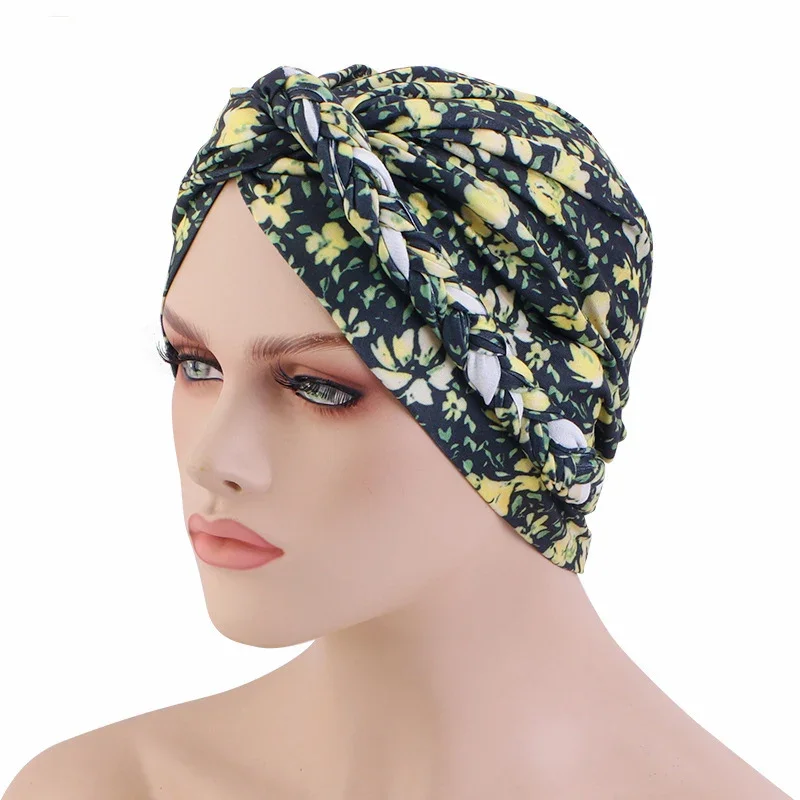 Gorro de quimio con estampado para mujer musulmana india, turbante trenzado, gorro Hijab, gorro para la pérdida de cabello, pañuelo étnico bohemio, cubierta envolvente