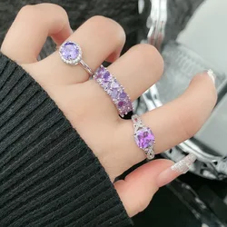 Silver Color Adjustable Ring with Bling Purple Zircon Stone for Women Fashion Jewelry Wedding Engagement RIng