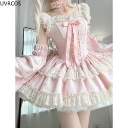 Sweet Elegant Lolita Princess Dress Women Kawaii Cute Lace Ruffles Bow Slim Dresses Japan Harajuku Y2k Evening Party Mini Dress