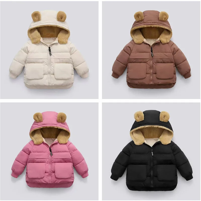 1-7 Y Children Winter Warm Outerwear Girls Boys Hooded Lamb Fleece Down Jackets Children Casual Clothing Kids Solid Colour Coats