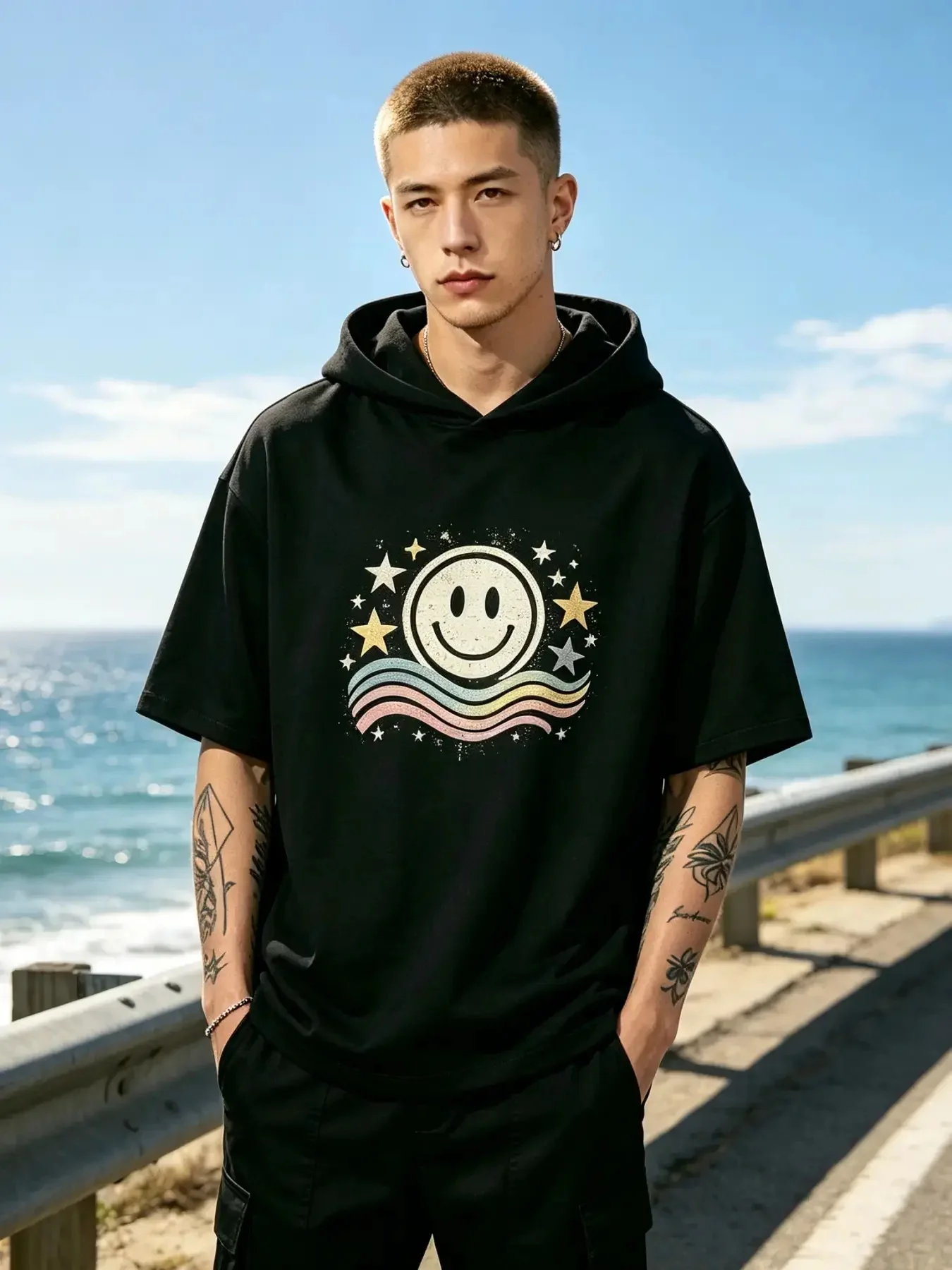 Men's Short Sleeve Hooded T-Shirt, Smiley Face Star Rainbow Wave Graphic Hoodie Tee, Relaxed Fit Casual Summer Streetwear Pullover Top
