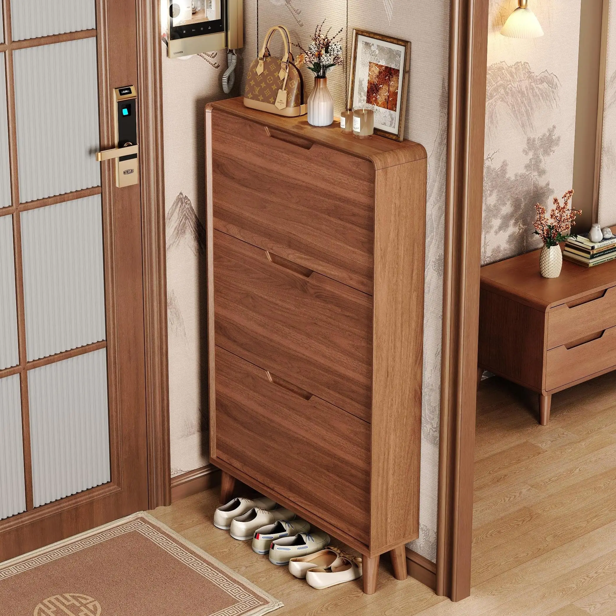 

New Chinese ultra-thin tipping bucket shoe cabinet household door 2025 new popular solid wood legs simple integrated shoe rack