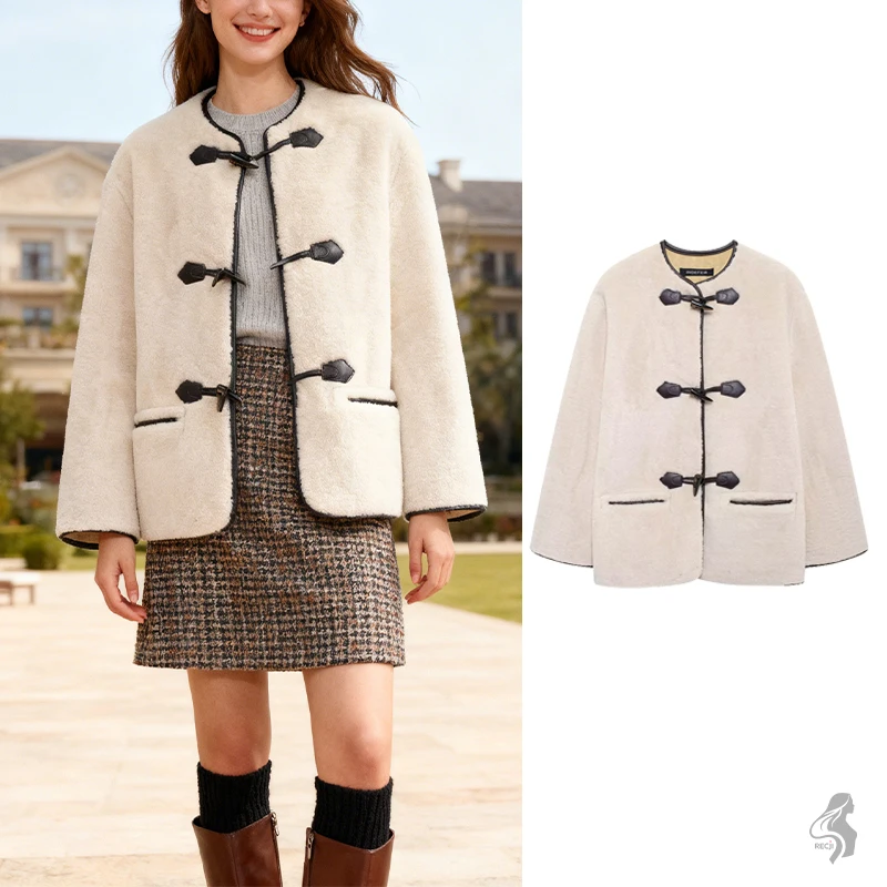 

Куртка из искусственной овчины с перекидкой спереди, кремовое мягкое флисовое пальто с кожаными акцентами, классическая повседневная верхняя одежда на осень-зиму