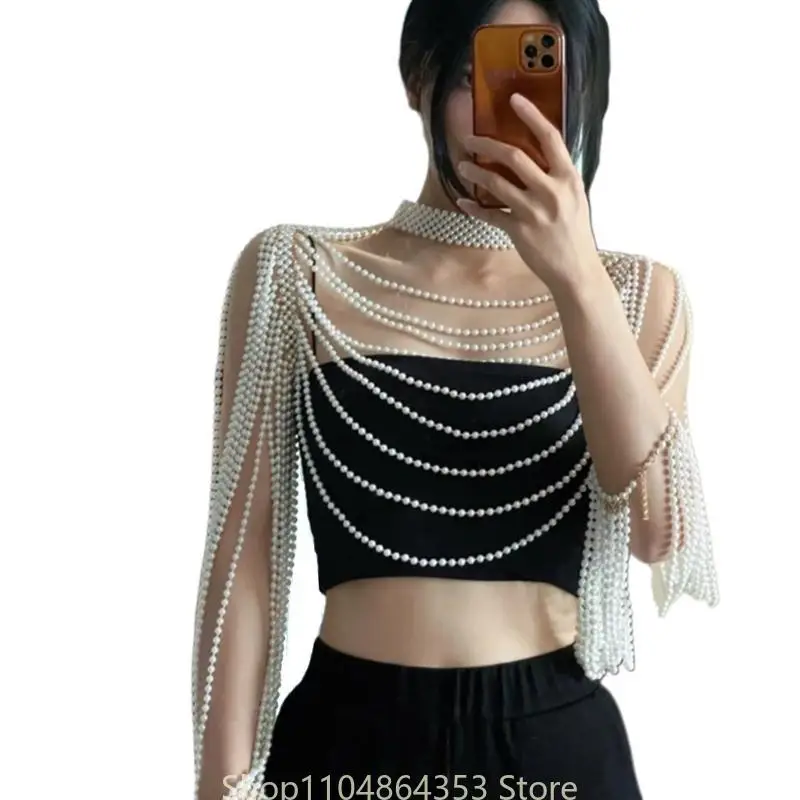 

652F Pearl Body Chain for Women Pearl Shoulder Jewelry Party Wedding Dress Accessory Sexy Beaded Collar Bra Top Sweater Chain