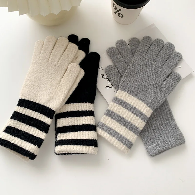 Guantes cálidos con pantalla táctil de Raya Horizontal para mujer, guantes de hilo de punto, guantes resistentes al frío para ciclismo, guantes cálidos de invierno a la moda