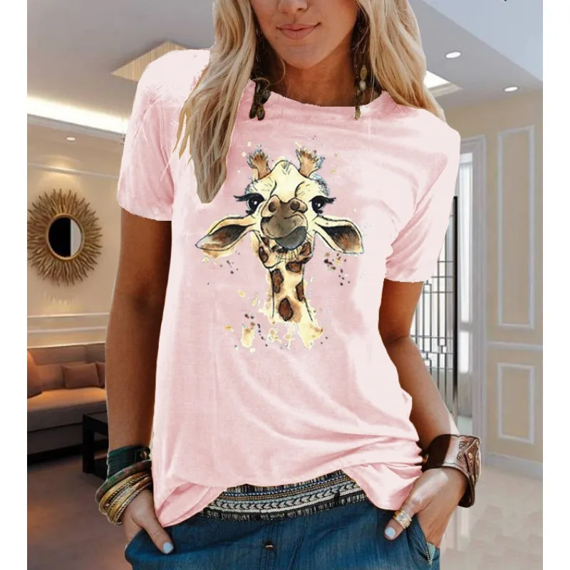COTTON 100% Animal Flower Print Short Sleeve T-shirt Woman Aesthetic Clothes Women Clothing Graphic T Shirts Oversized Tops