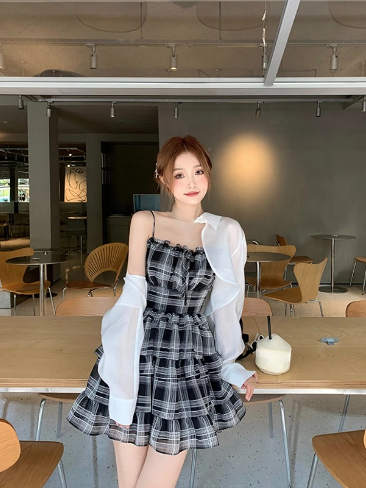 2023 Summer Sweet Sexy Plaid Strap Dress Women Kawaii Clothing Y2k Mini Dress Y2k Evening Short Party Dress Korean Fashion Chic