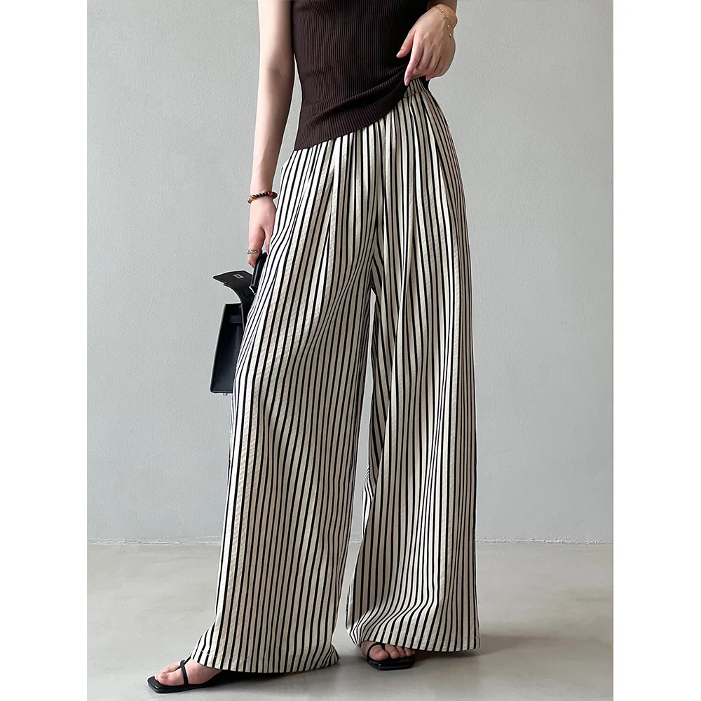 

Women Clothes Korean Style Elastic Waist Vertical Stripes Wide Leg Pants 2024 Summer New Girls Loose Casual Straight Pants