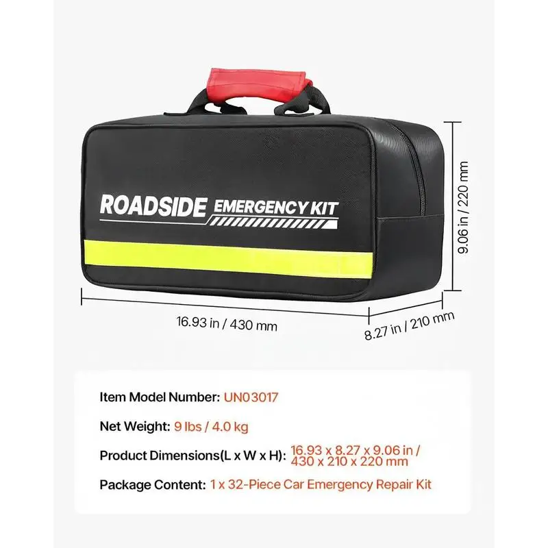 Vehicle Safety Toolbox 32-Piece For Roadside Assistance Travel Home, Jumper Cables Emergency Gear Medical Supplies Compact Storage Case view 2