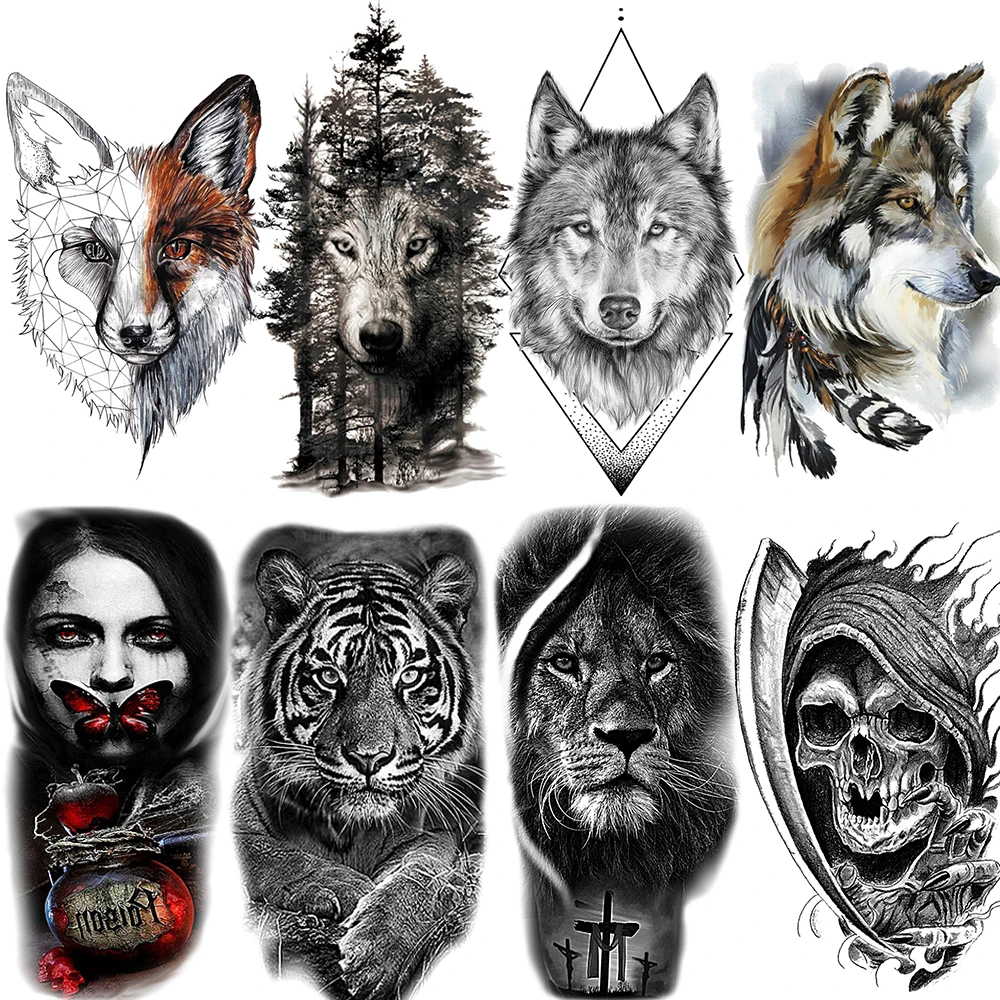 OMMGO-tatuajes de plumas tribales de bosque de lobo negro, pegatina temporal de árbol, tatuaje falso de Animal feroz para hombres, arte corporal