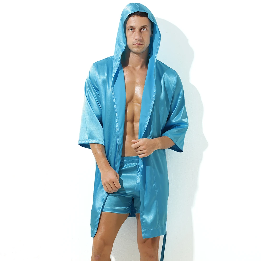 Sexy Silk Hoodies Robes Men Bathrobe Tracksuits Slip Homme Causal Loungewear Satin Hooded Bathrobe Night Gown Nightwear Pajamas