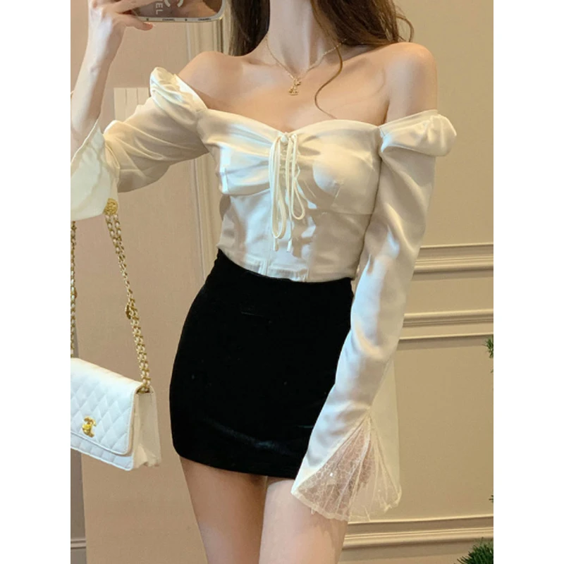 Women Vintage Fashion Luxury Satin Lace Up Fairy Blouse Elegant Ruched Square Neck Shirt Female Sexy Solid Long Sleeve Slim Tops