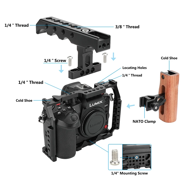 CAMVATE Camera Cage Rig with 3 Cold Shoe Mounts & Aluminum Top Handle & Side Wooden Handle Grip Special For Panasonic Lumix GH6