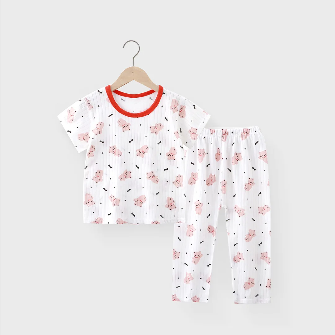 Boys and girls pajamas set class a summer short-sleeved nine-point pants children's cotton air-conditioned clothes