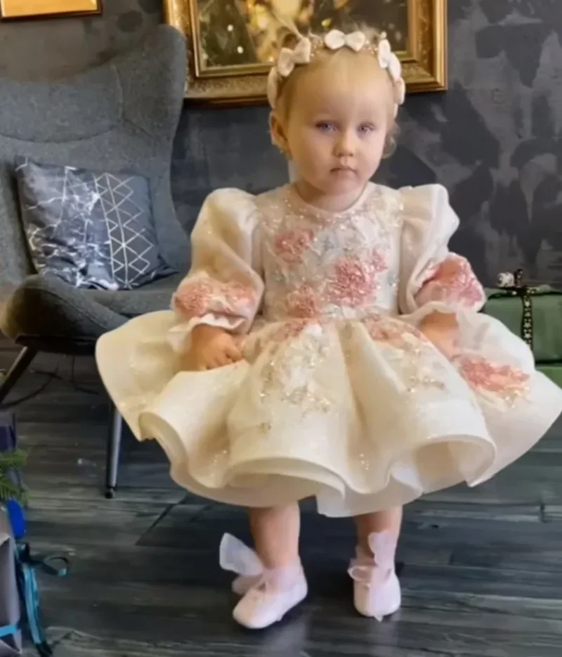 Abito tutù con scollo a O, abito in tulle con maniche lunghe a sbuffo e grande fiocco, personalizzato, scintillante, avorio, per neonato, primo compleanno