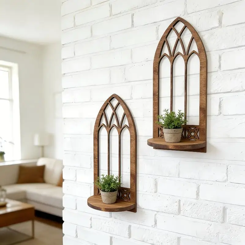 Hanging Floating Wall Mounted Wooden Shelf Hollow Out Leaf Shape Wall Storage Rack Rustic Style Geometric Wall Decor