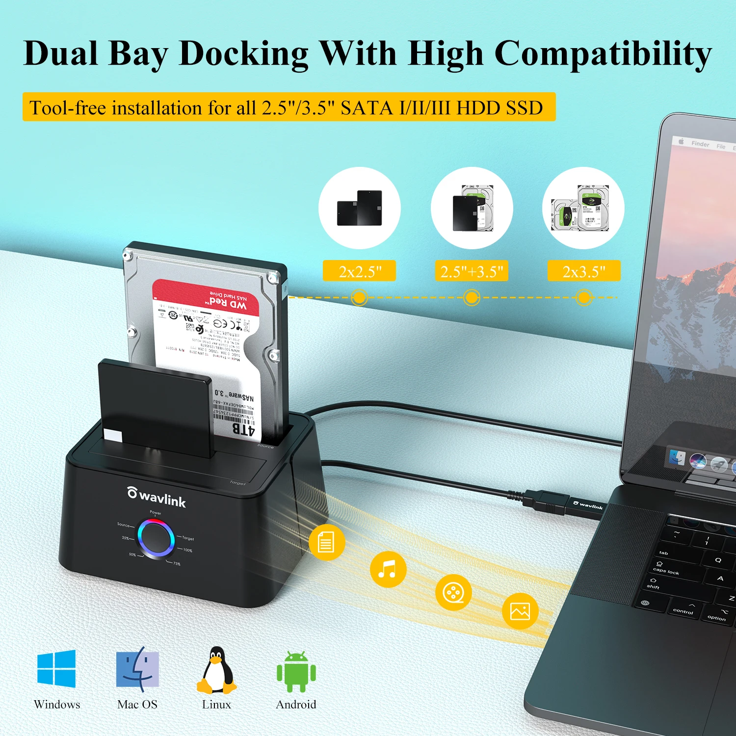 Wavlink-estación de acoplamiento HDD, carcasa de disco duro Sata a USB 3,0, adaptador UASP para 2,5, 3,5, carcasa de disco SSD, base de caja HD