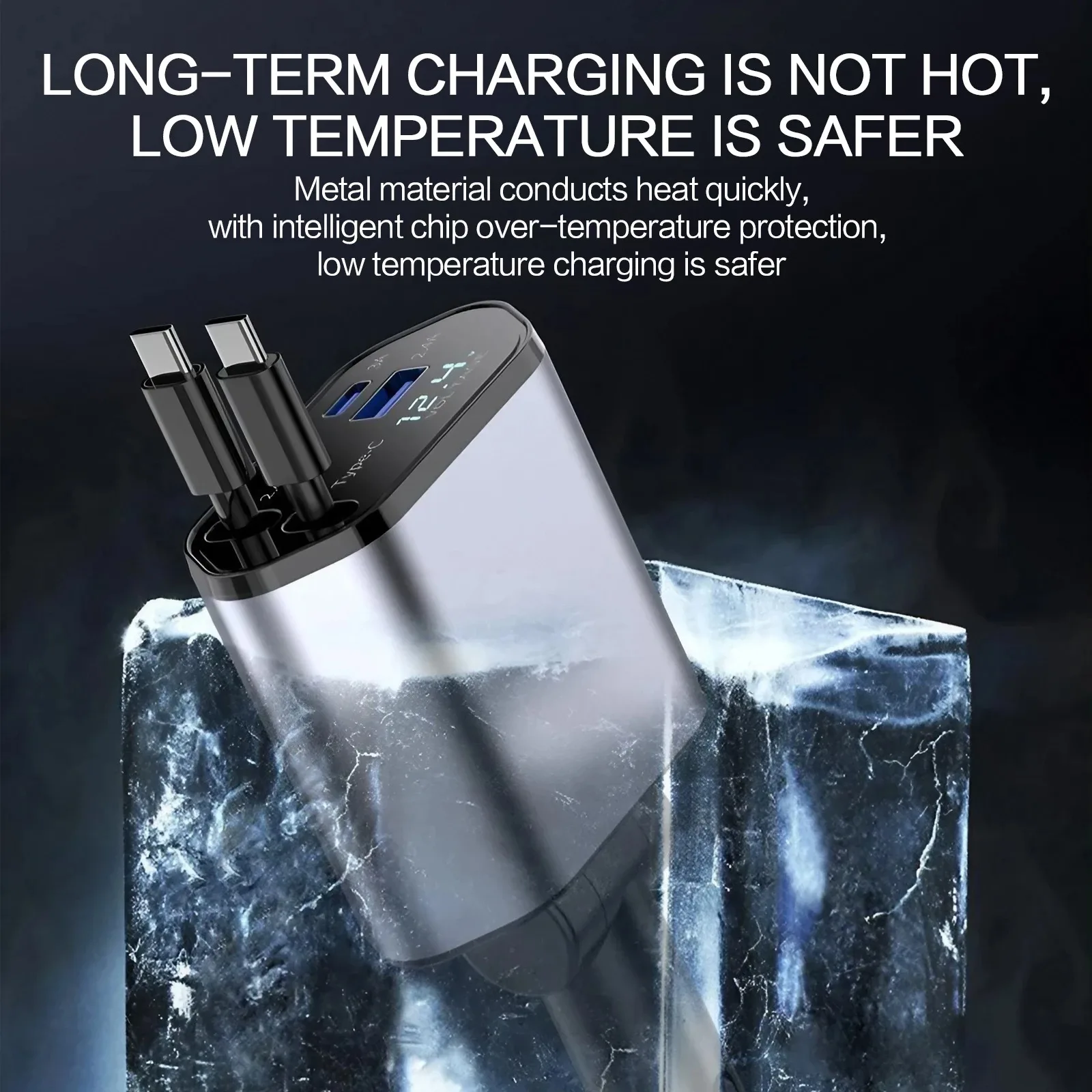 W&O 66W Fast Car Charger with Starlight (Red) , Retractable Car Charger, 2 USB Ports, For iPhone 6-17 and Android, 12-24V Car