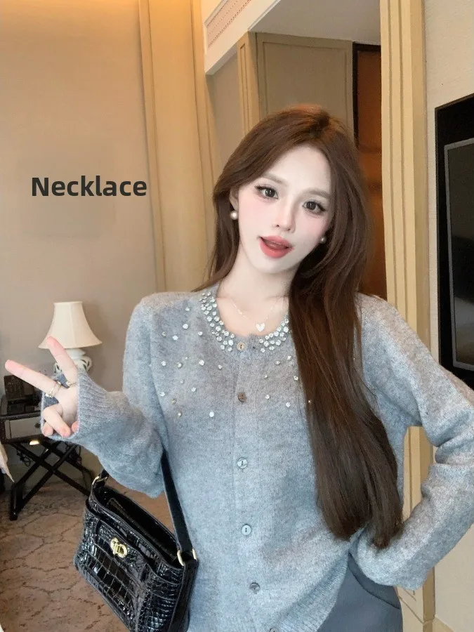 Autumn Winter New Style Women's round Neck Diamond Embedded Knitted Sweater Heavy Work Cardigan Versatile Outerwear Top
