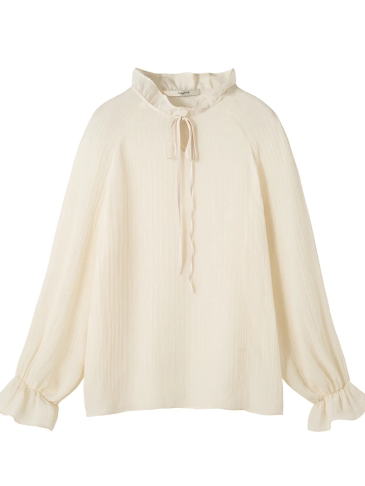 레트로 우드 에지 v 넥 시폰 셔츠 여성 봄 가을 디자인 감각 작은 관객 레이어링 기본 세련된 탑 얇은