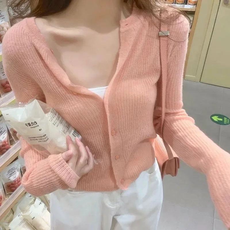 New Fashion Spring 100% Merino Wool Womens O-neck Cardigan Cashmere Sweater 2024 Female Clothing Grace Knitwear Korean Tops