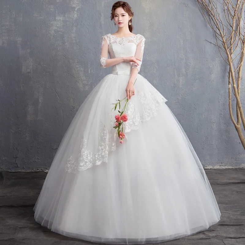 Y&M Novias Ball Gown V Neck Weddinges Dress With Lace Vestido De Novia Princesa Vintage with Sleeve Real Image Bridal Gown