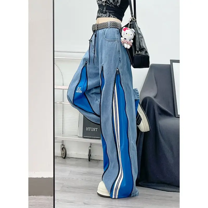 جينز نسائي متباين بربط عالي الشارع لخريف 2025 تصميم جديد بسحاب مستقيم واسع الساق