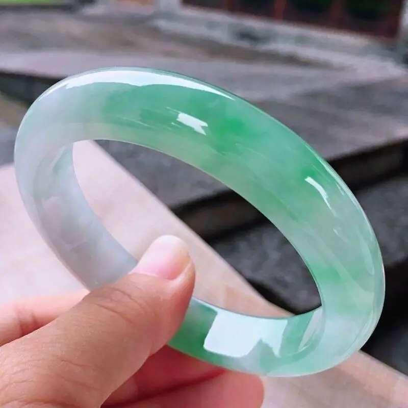 Myanmar Jadeite , Noble Lady's , Ice Jade with Green Veins, Oval Shaped, Floral Pattern, Women's Wide Bangle