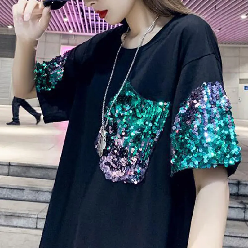 

2024 Elegant Fashion Harajuku Slim Fit Female Clothes Loose Casual All Match Tops Women Patchwork Sequins Short Sleeve T-shirts