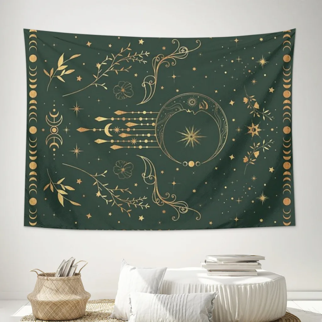 Sage green and gold Celestial crescent Wall Hanging Tapestry Home Wall Decoration