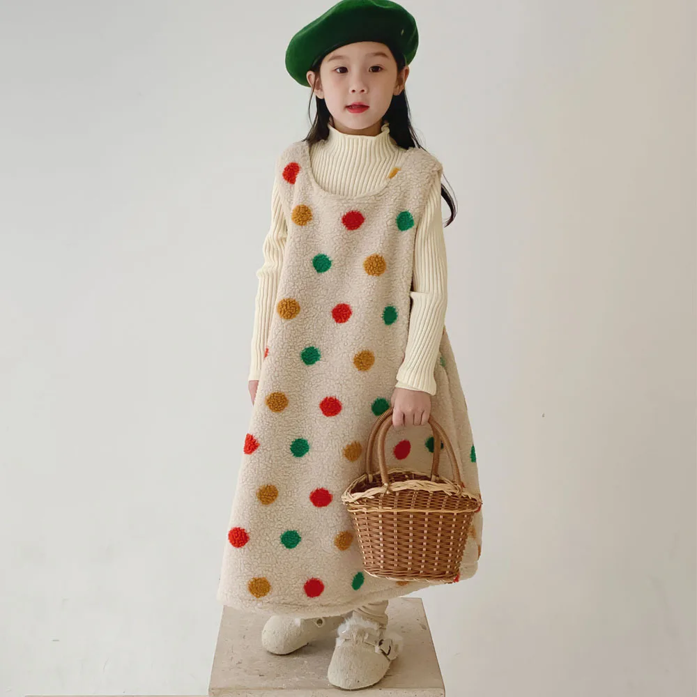 

2024 Korean Winter Children Girls Woolen Dress Cotton Fleece Warm Kids Girls Sundress Mutilcolor Dot Kids Girls Dress Sleeveless