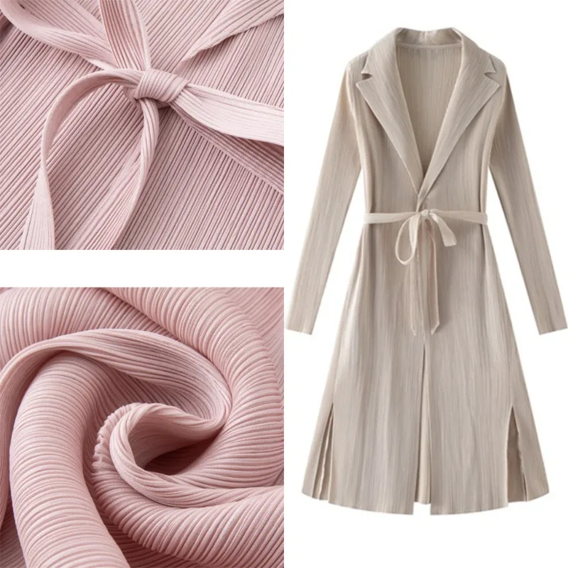 Miyake Pleated Trench Coat Plisse Women Pleats High-End Fold Jacket 2026 Autumn New Long Sleeve Mid-Length Trench Coat Tie
