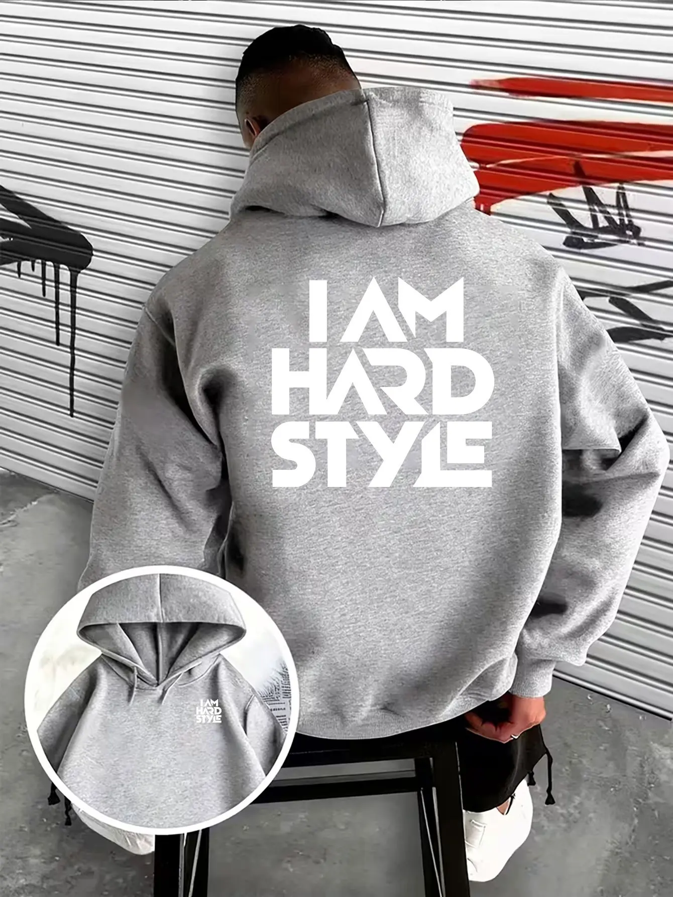 Simple and sharp geometric bold men's loose hooded shirt for hip-hop, sports, streetwear, stacked text trend pullover shirt