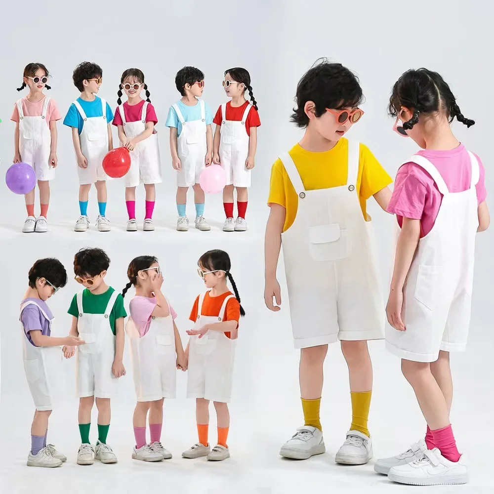 New Children's Graduation Shooting Color Short-sleeved Suspenders Suit Baby Jumping Sugar Suspenders Costume Children's Day