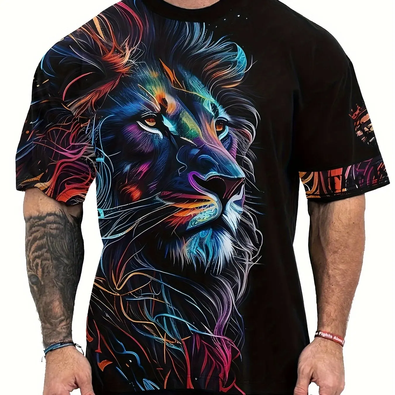 T-shirt girocollo manica corta da uomo con stampa grafica 3D Cool leone e corona, estate all'aperto