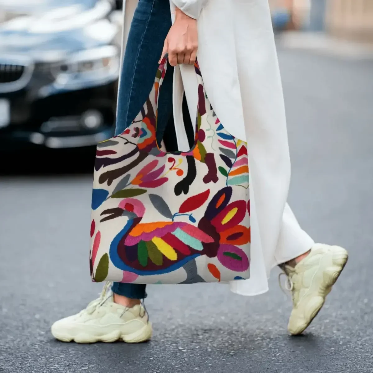

Custom Mexican Otomi Embroidery Grocery Tote Shopping Bag Floral Textile Canvas Shopper Shoulder Bag Big Capacity Handbags