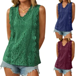 Green Casual Loose Lace Blouses For Women Fashion Vintage Women's V-Neck Loose Shirts And Blouses Elegant Sexy Tank Female Tops